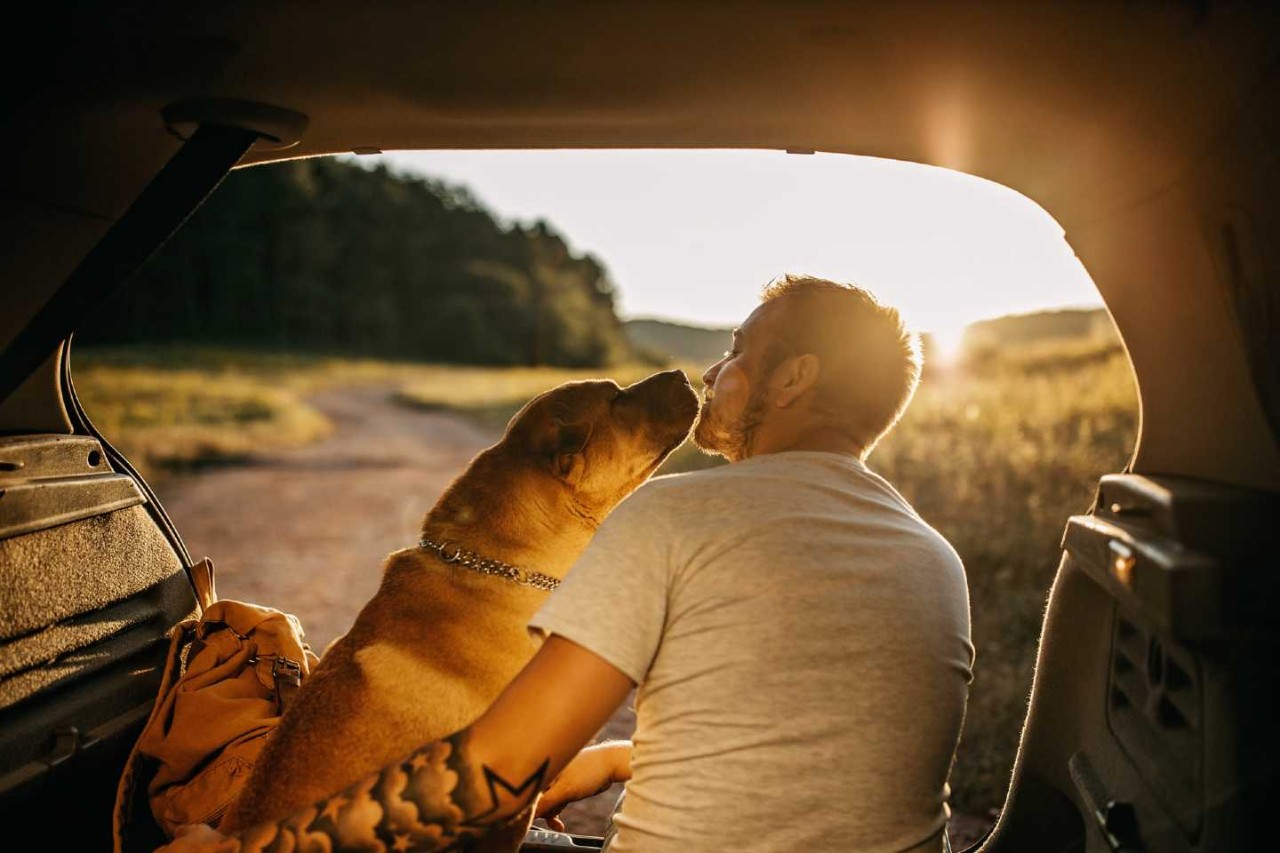 Ein Mann sitzt bei Sonnenuntergang mit seinem Hund im Kofferraum eines Autos und schmust mit diesem.